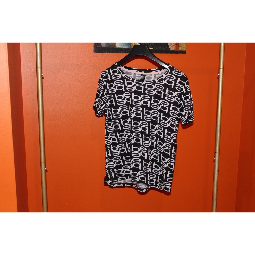 Bebe Logo Print T-Shirt Black White Short Sleeve Graphic Tee Women's Size XL